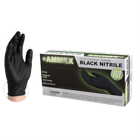 AMMEX Nitrile Exam Gloves, 3 mil Palm, Nitrile, Powder-Free, L, Black AMXABNPF46100
